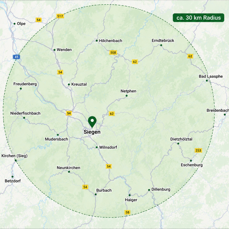 Einsatzgebiet Haushaltsauflösung Feldmann im Raum Siegen Einsatzgebiet für Haushaltsauflösungen im Raum Siegen mit einem Umkreis von ca. 30 km inklusive Kreuztal, Netphen, Wilnsdorf, Freudenberg, B